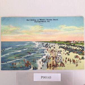 Vintage Daytona Beach Florida Linen Postcard 1949 Surf Bathing World's Wonder